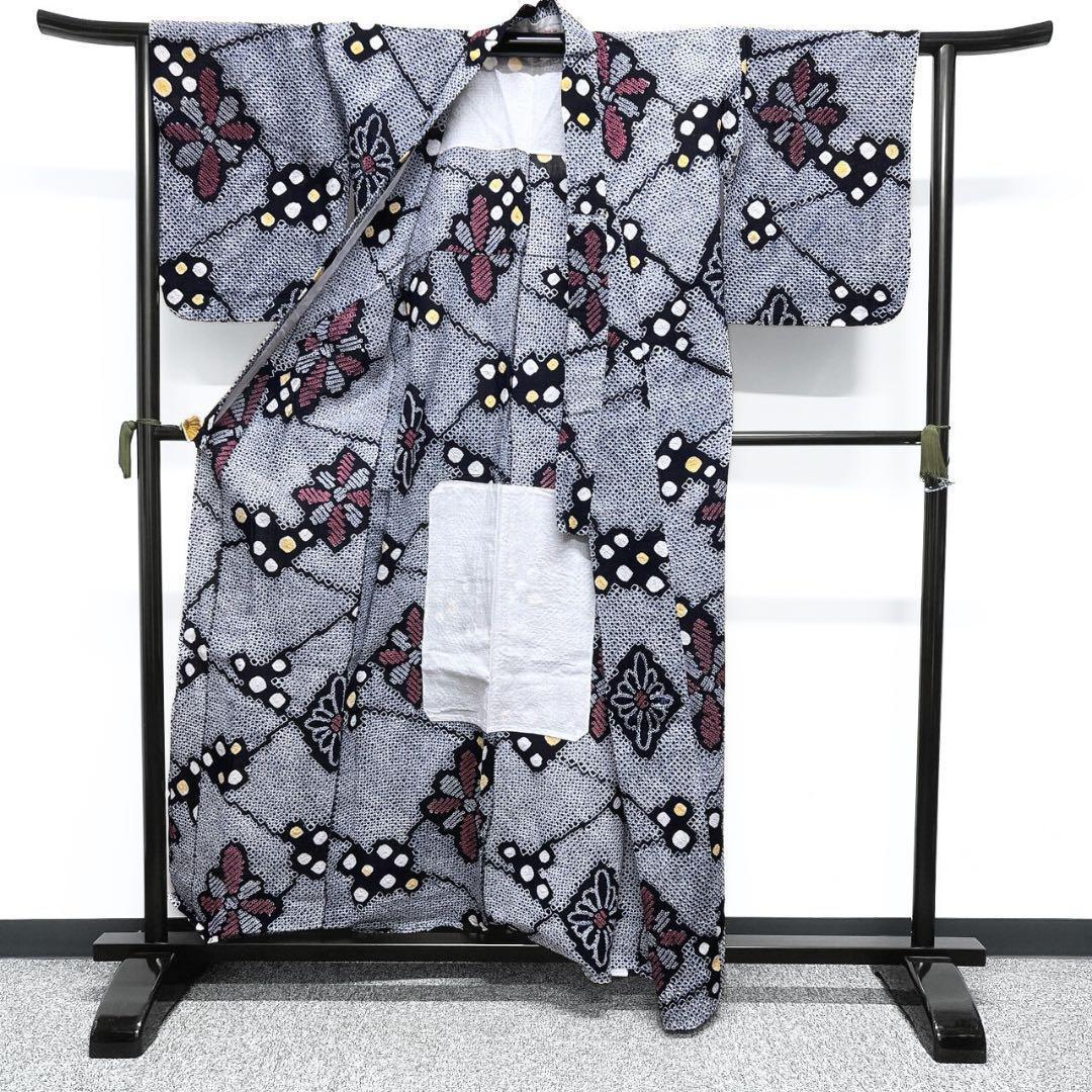 浴衣　有松鳴海絞り　ドット　花菱　着物　055w p