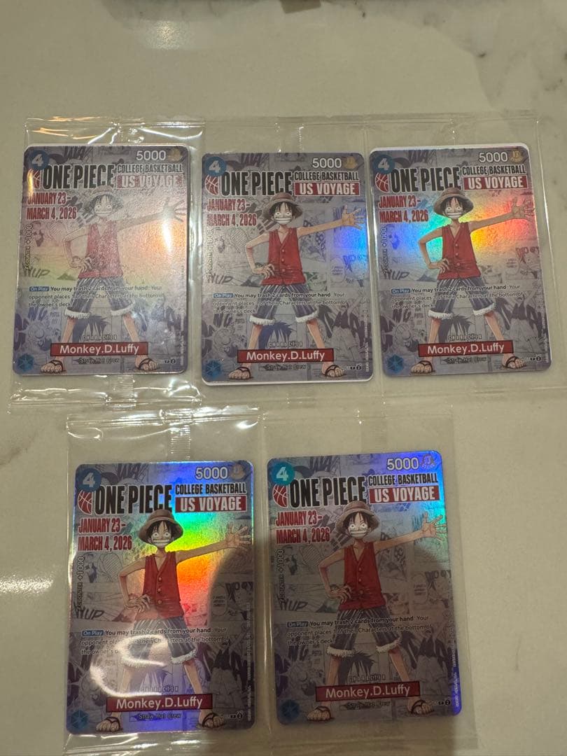 ワンピース ルフィ アメリカ大学バスケ 限定 プロモ 未開封 5枚　コミパラ