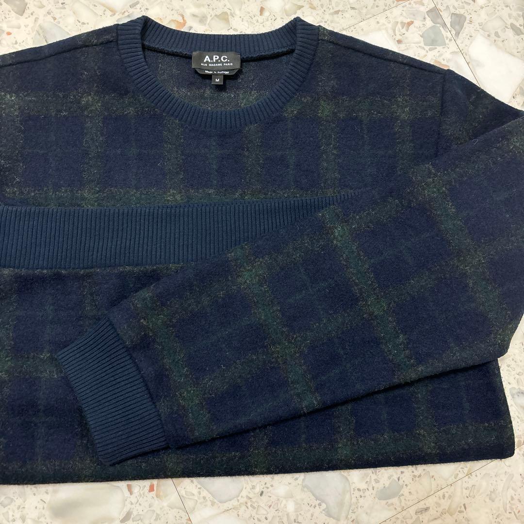 A.P.C. Mメンズ クルーネック　ウール　長袖スウェット　チェック　紺 緑