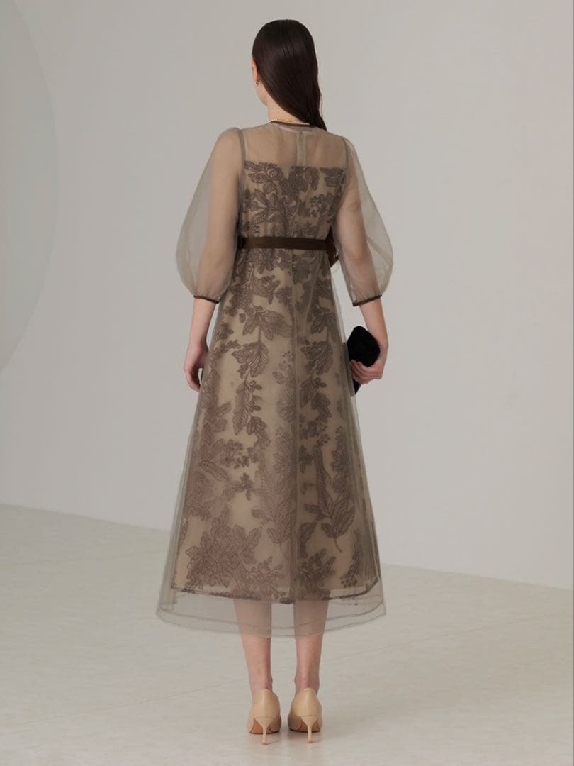 チュールパイピングリーフベルトAラインワンピースドレス結婚式二次会成人式