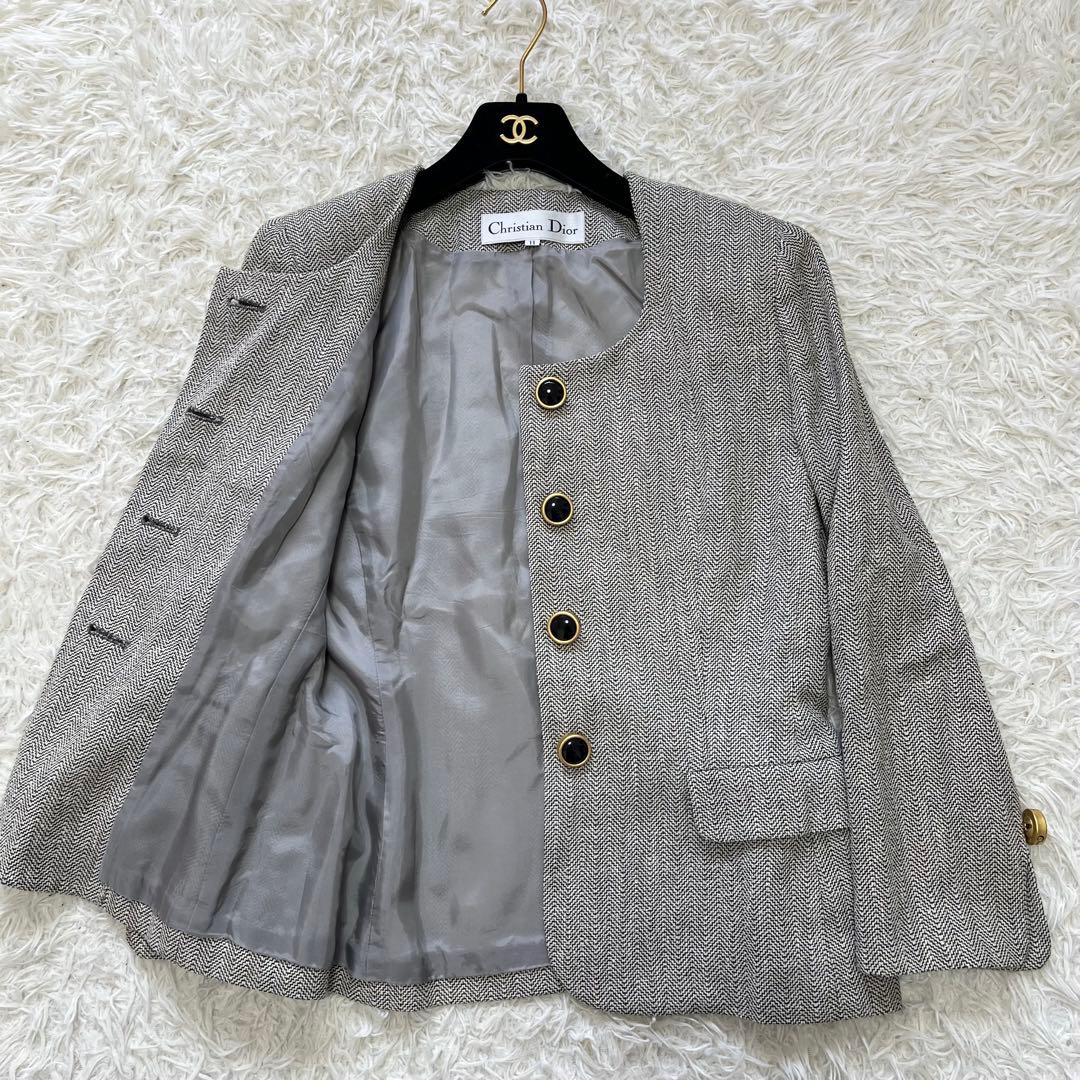 美品✨クリスチャンディオール ノーカラー ツイード ジャケット L ロゴボタン