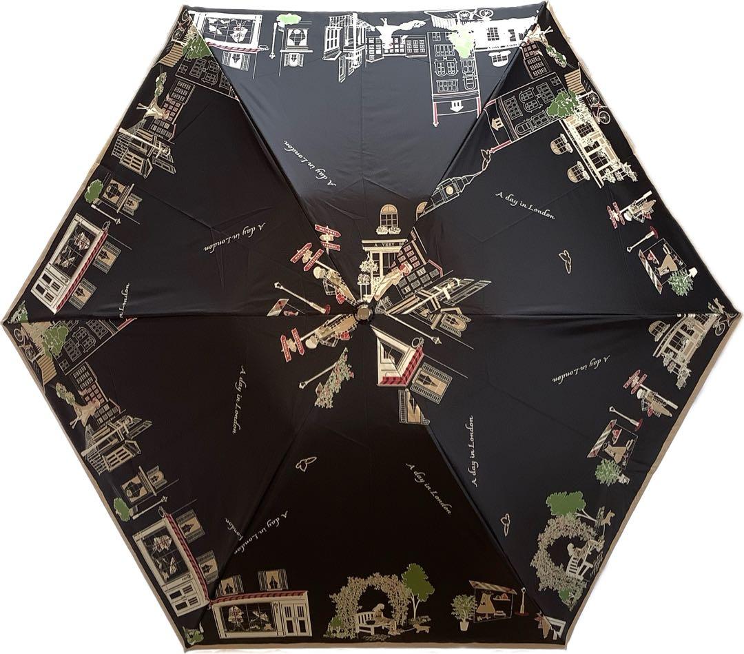 新品★DAKSダックス捺染プリントカラフル街並み柄晴雨兼用折りたたみ傘★日傘★黒