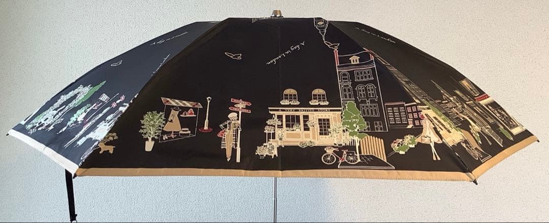 新品★DAKSダックス捺染プリントカラフル街並み柄晴雨兼用折りたたみ傘★日傘★黒