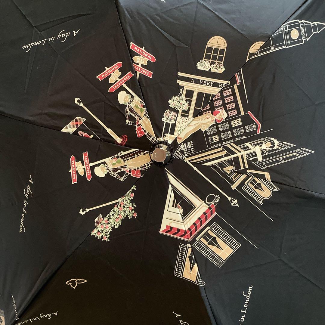 新品★DAKSダックス捺染プリントカラフル街並み柄晴雨兼用折りたたみ傘★日傘★黒