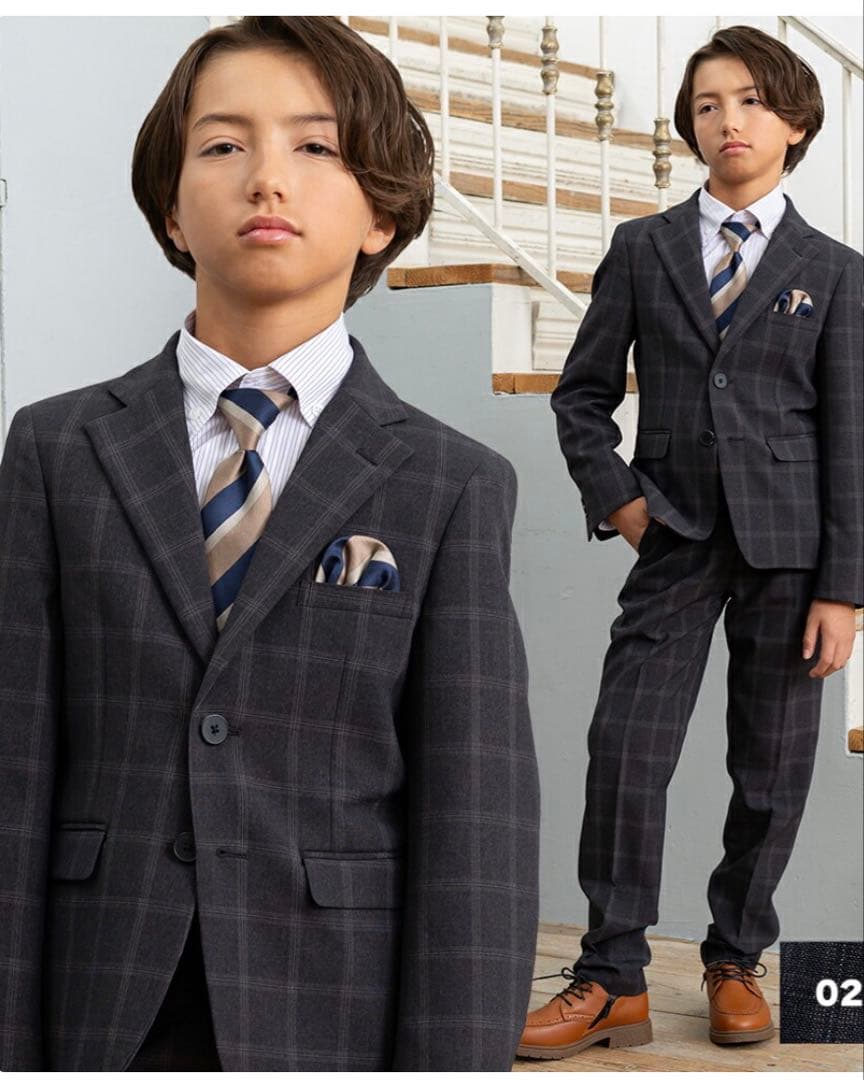 【美品】式典用170 墨黒グレーチェック　ワンダーファクトリー 卒服5点セット