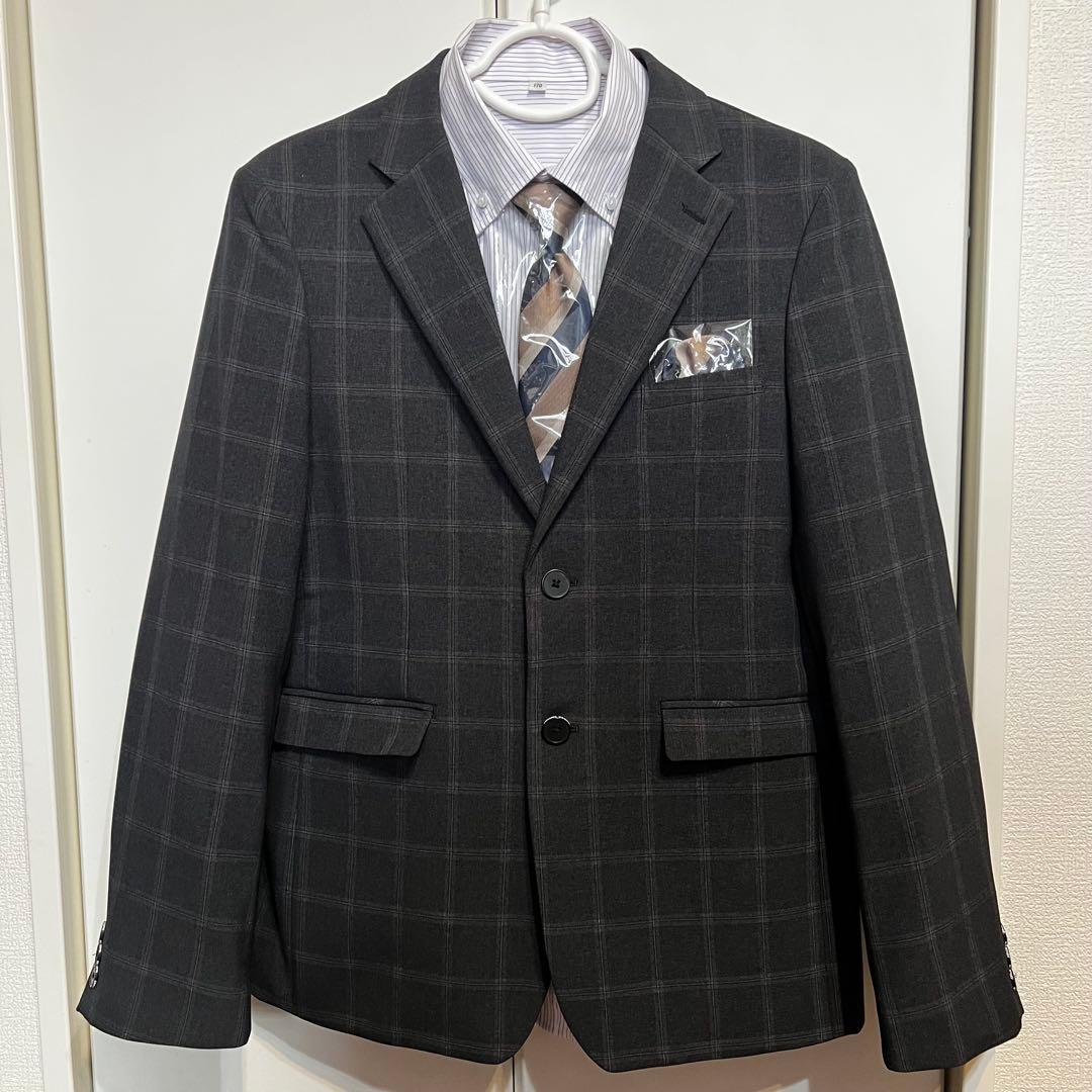 【美品】式典用170 墨黒グレーチェック　ワンダーファクトリー 卒服5点セット