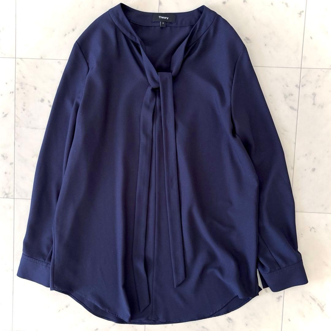美品 セオリー ボウタイブラウス ネイビー 洗える S とろみブラウス 濃紺