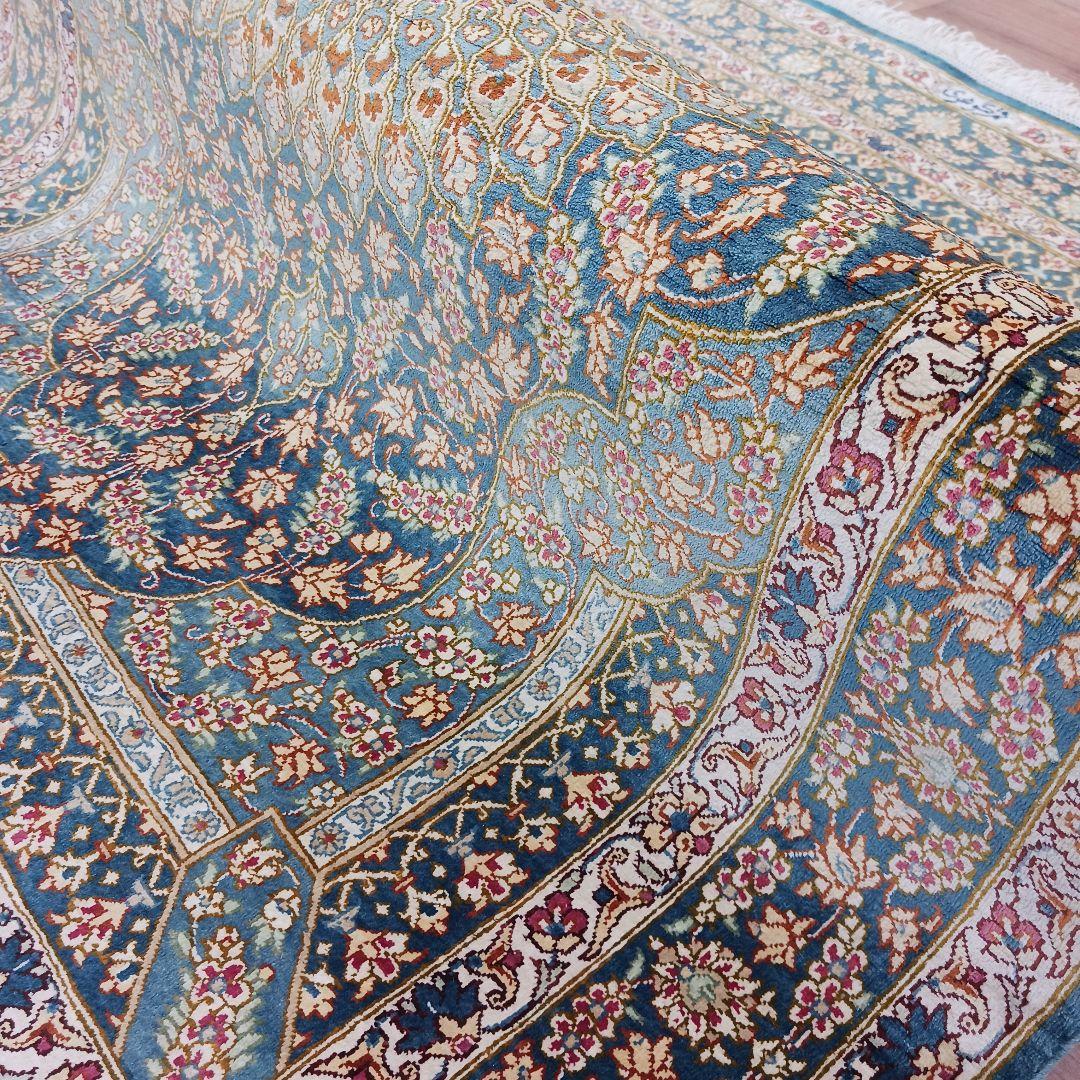 専用Y3144 高級ペルシャ絨毯 クム産 工房サイン シルク100% 手織り