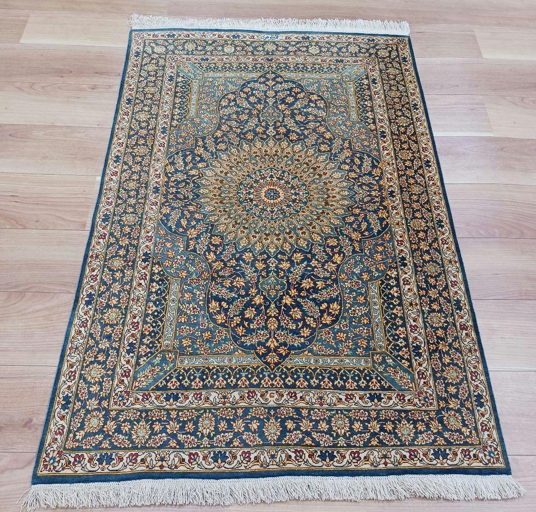 専用Y3144 高級ペルシャ絨毯 クム産 工房サイン シルク100% 手織り