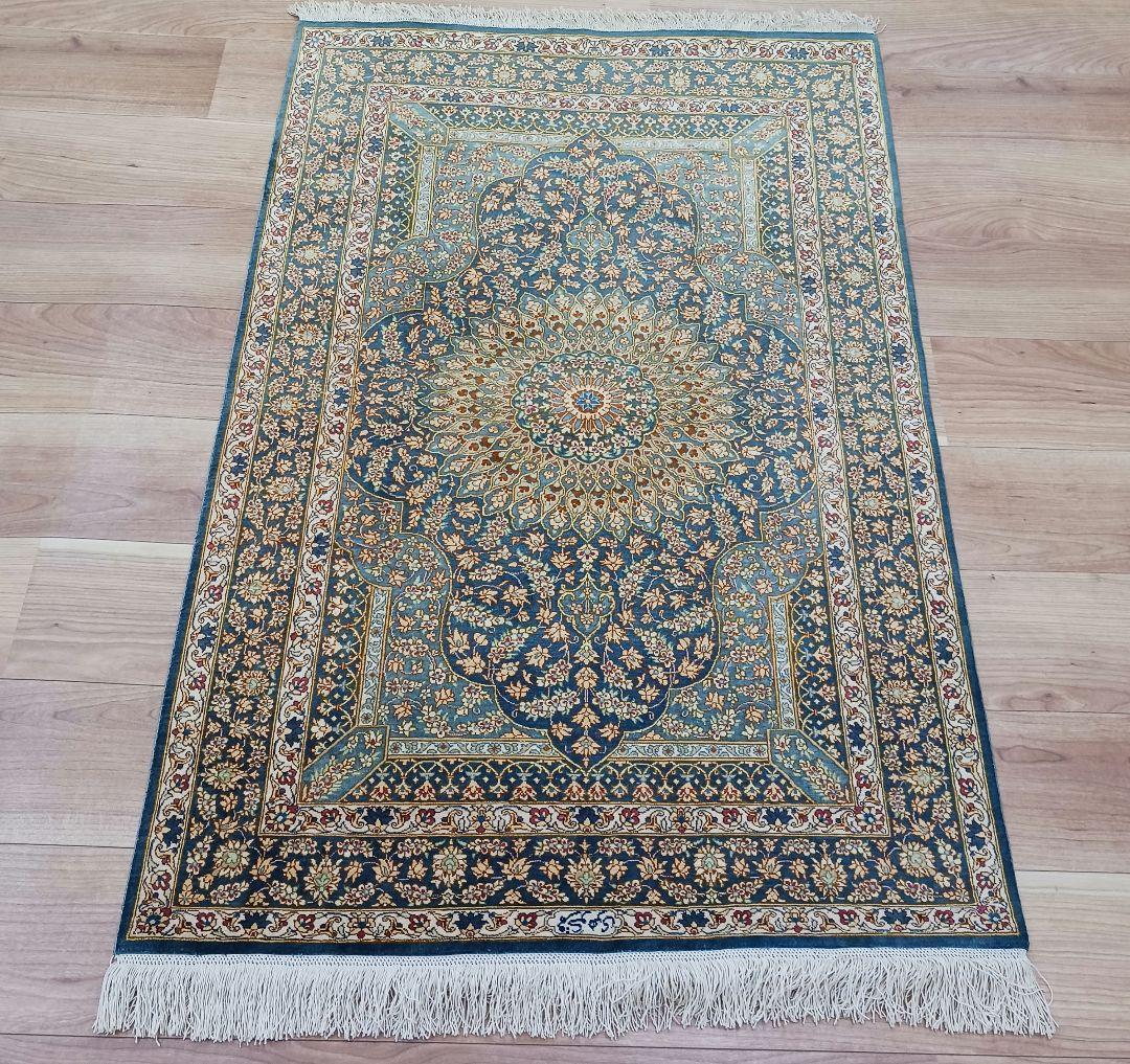 専用Y3144 高級ペルシャ絨毯 クム産 工房サイン シルク100% 手織り