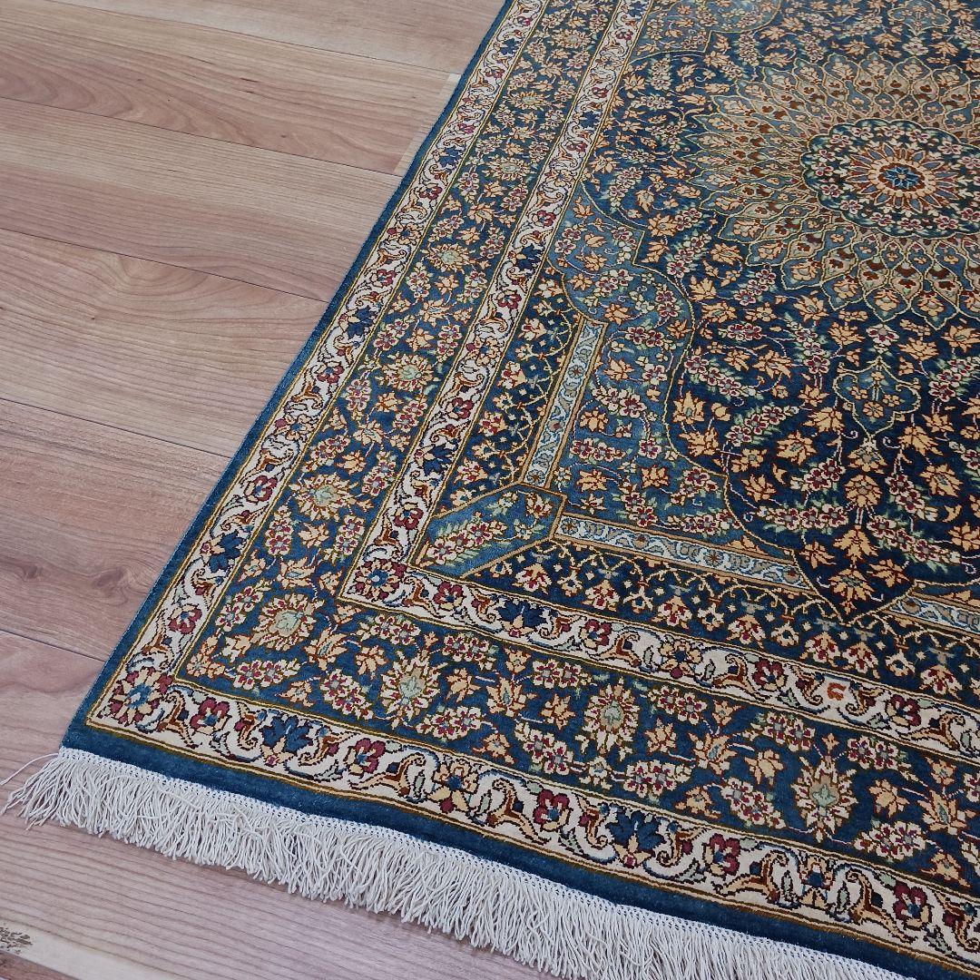 専用Y3144 高級ペルシャ絨毯 クム産 工房サイン シルク100% 手織り