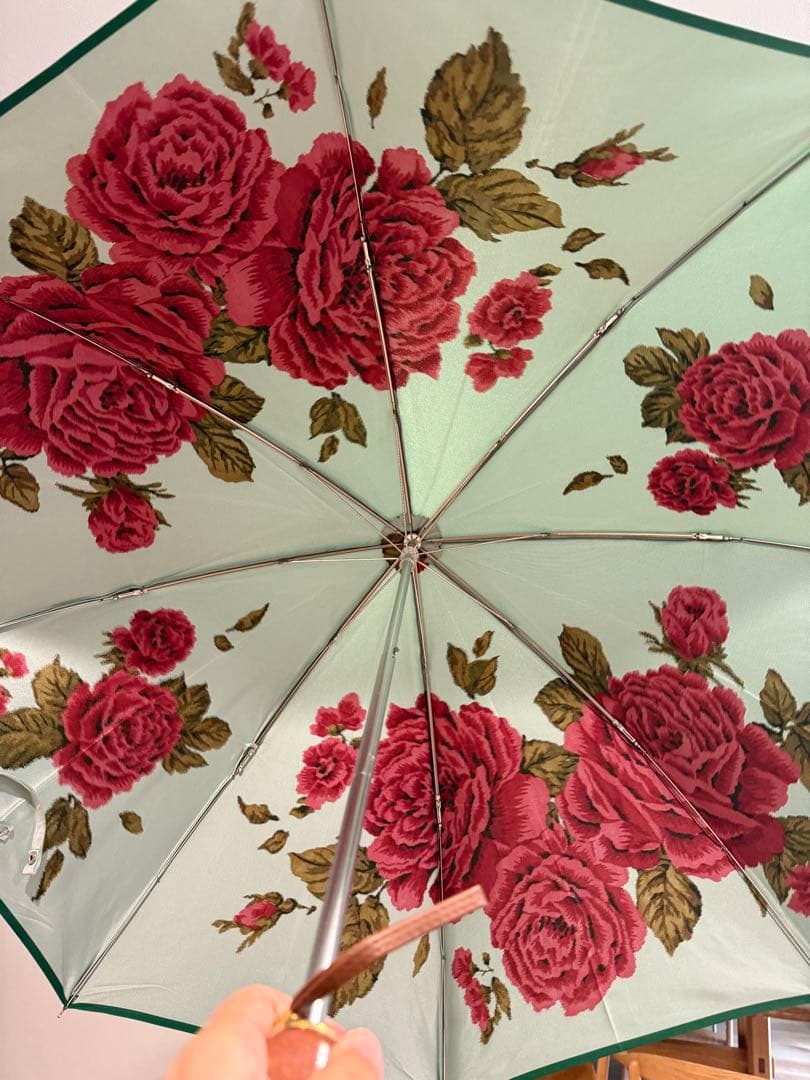 槙田商店　バラ柄 折りたたみ傘 緑色