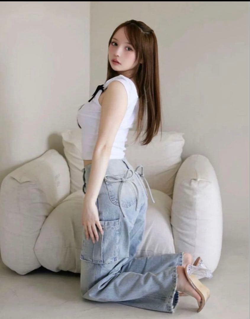 andmary ♡ Back ribbon denim cargo pants