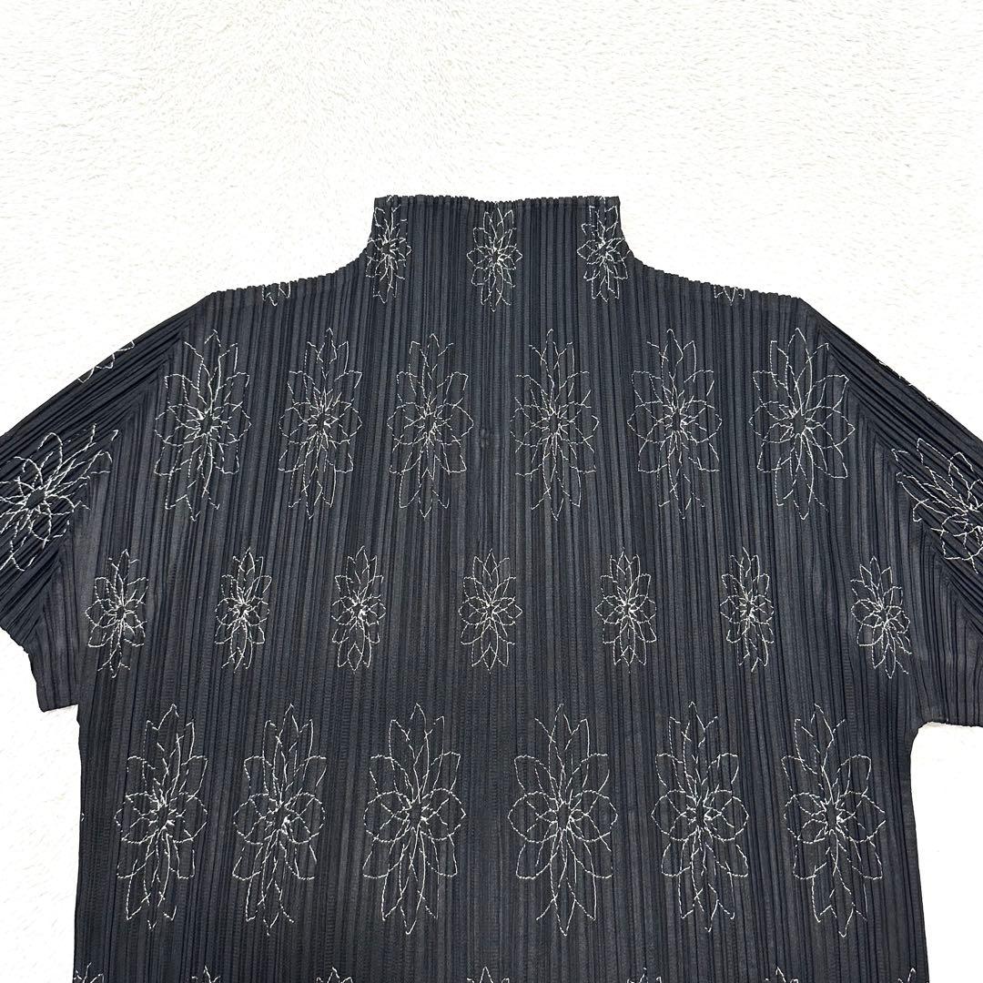 美品 PLEATS PLEASE 花柄 刺繍 ハイネック カットソー 黒 3