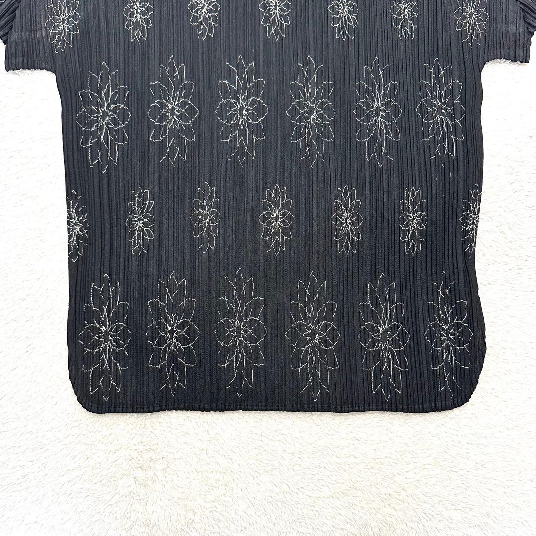 美品 PLEATS PLEASE 花柄 刺繍 ハイネック カットソー 黒 3