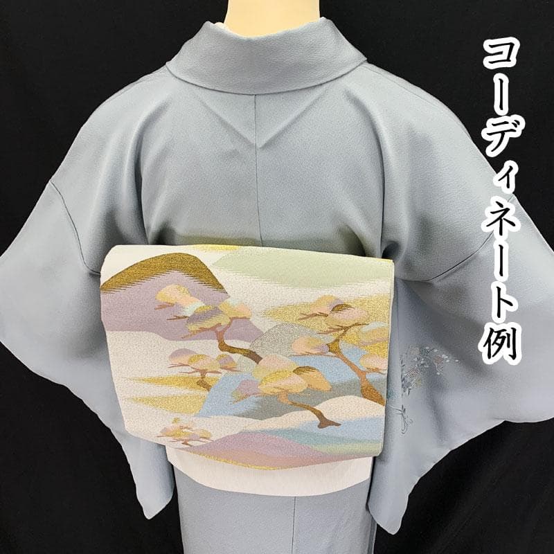 601mh53☆付下げ スワトウ刺繍 シンプル 水辺に花車 灰青☆しつけ付き美品