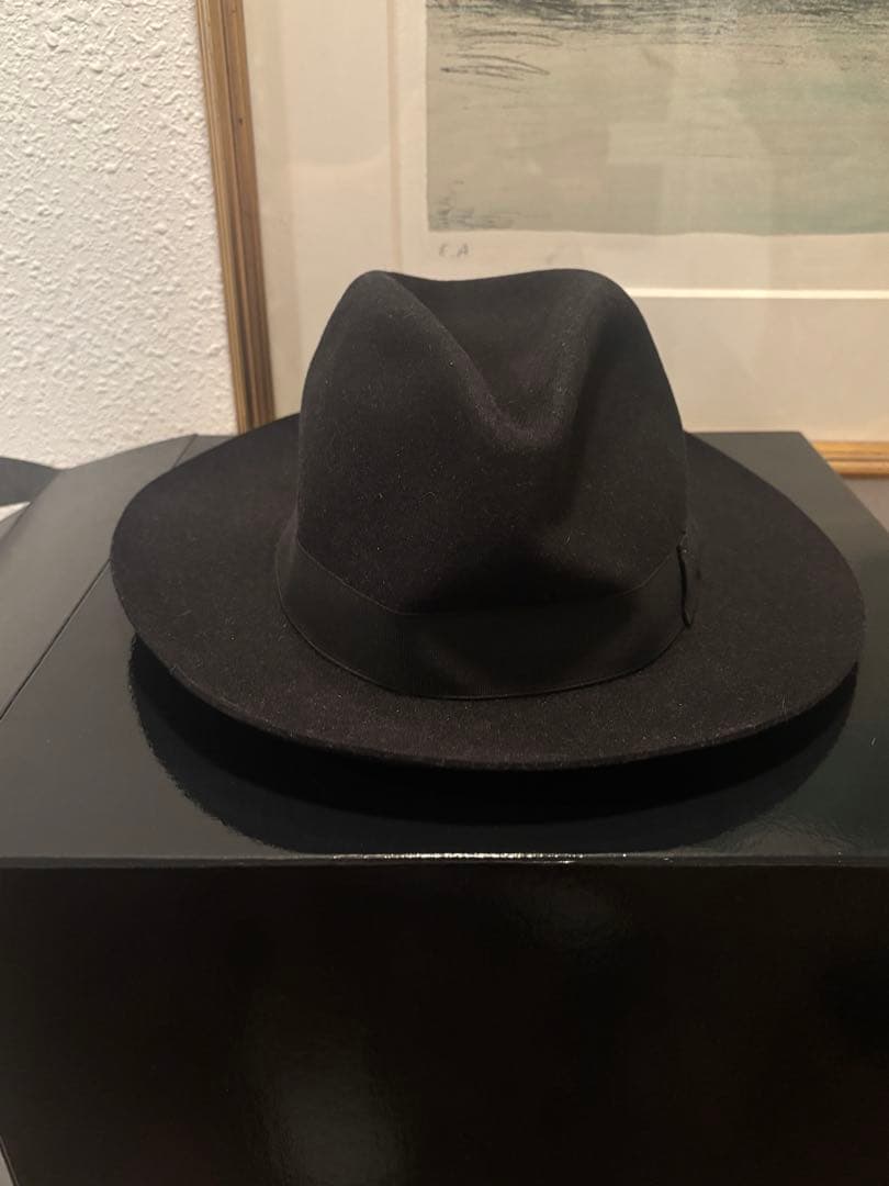 ボルサリーノ 黒ウールフェルトハット・フェドーラスタイル