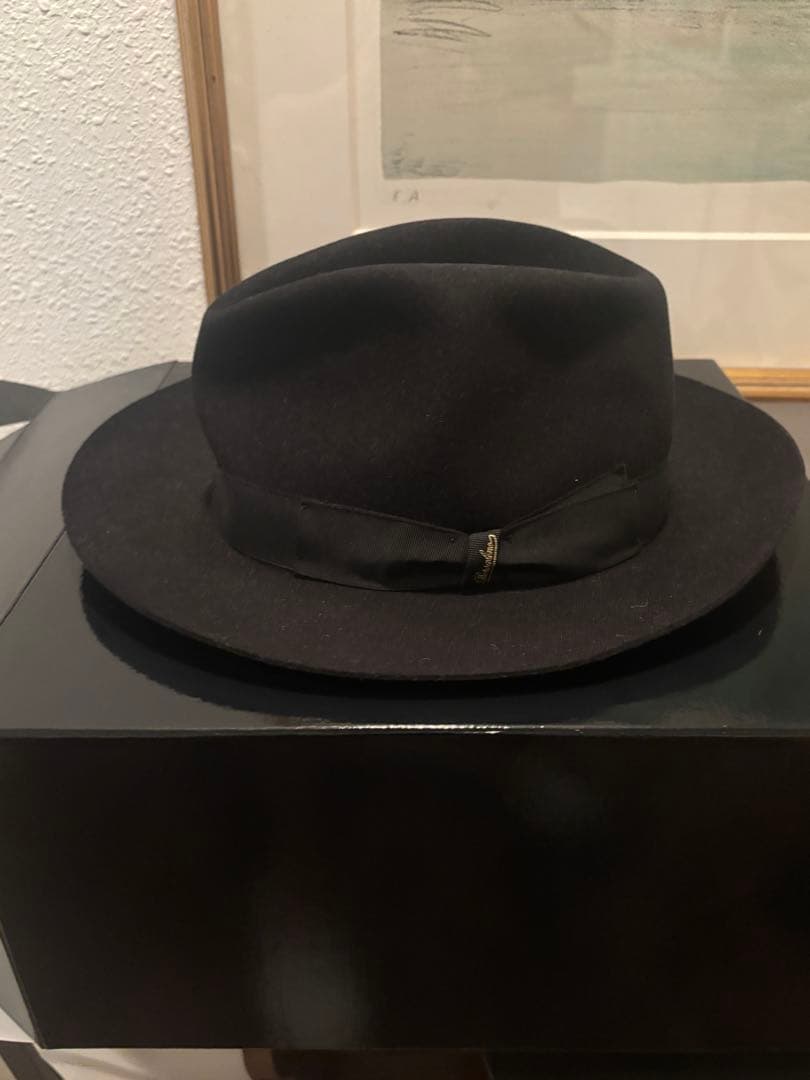 ボルサリーノ 黒ウールフェルトハット・フェドーラスタイル