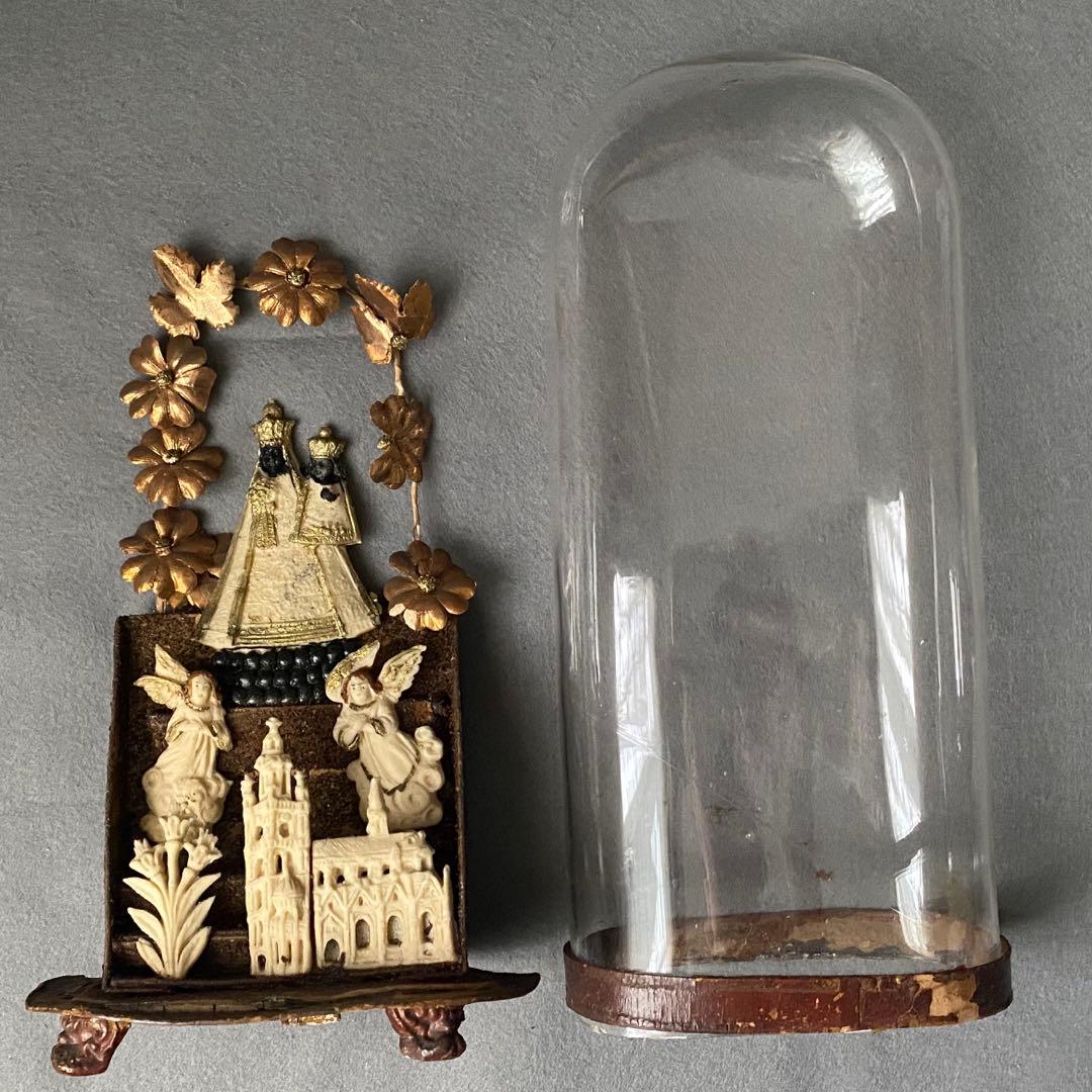 【アンティーク】 ガラスドーム 黒マリア 聖母子像 グローブドマリエ