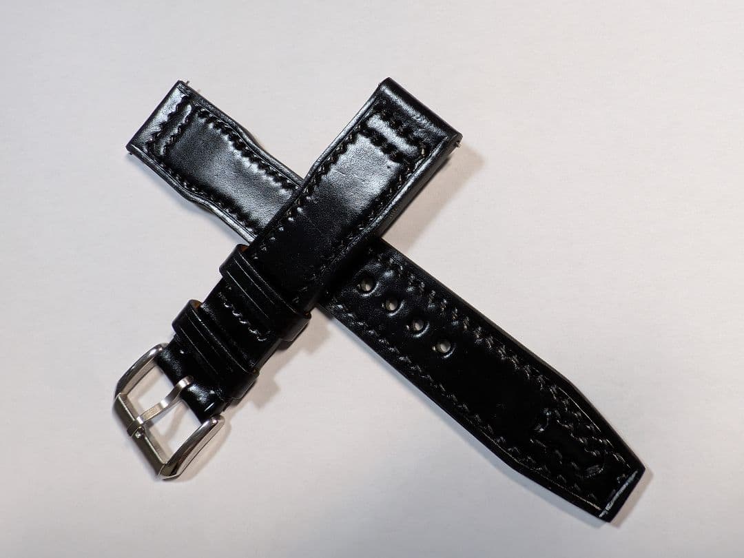 最高級シェルコードバン/ブラック/ 時計ベルト ステッチ入り/20mm