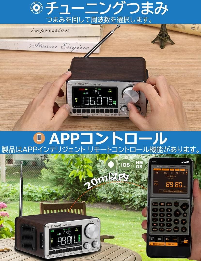ZHIWHIS Bluetoothスピーカー ウッドケースラジオ リピーター付