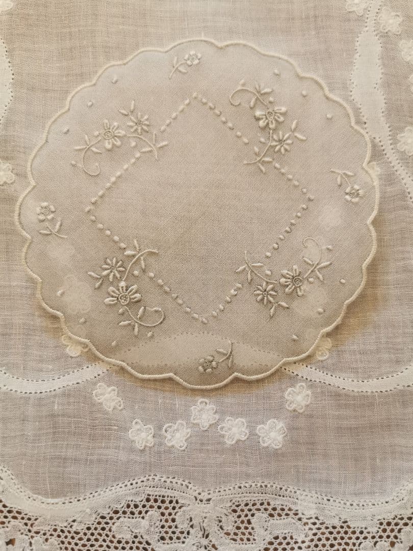 アンティーク シアーなピーニャクロス 小花の手刺繍 フラワーリムプチドイリーα