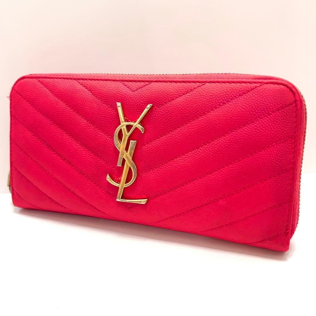 サンローラン 長財布 カサンドラ ラウンドファスナー キャビアスキン ピンク