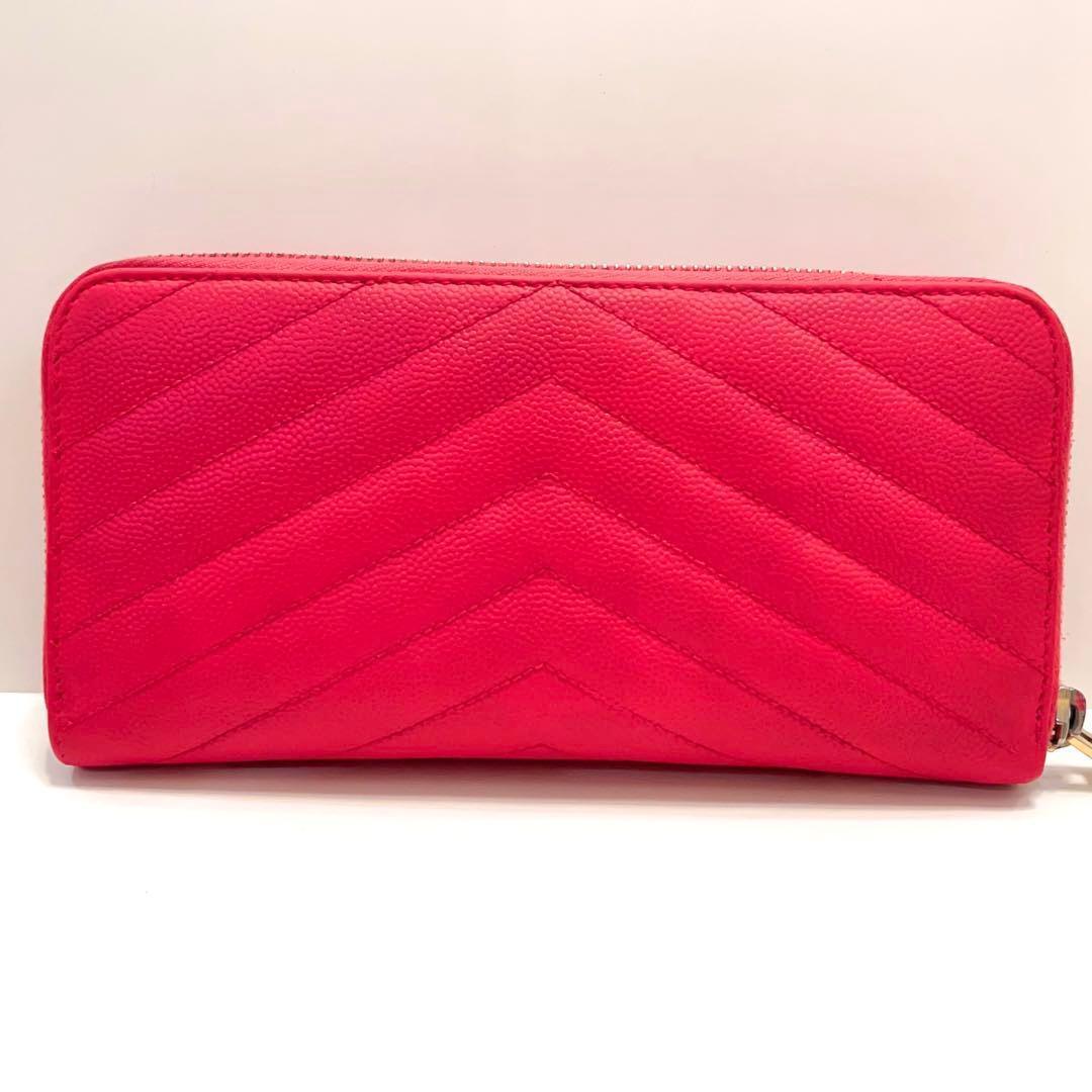 サンローラン 長財布 カサンドラ ラウンドファスナー キャビアスキン ピンク