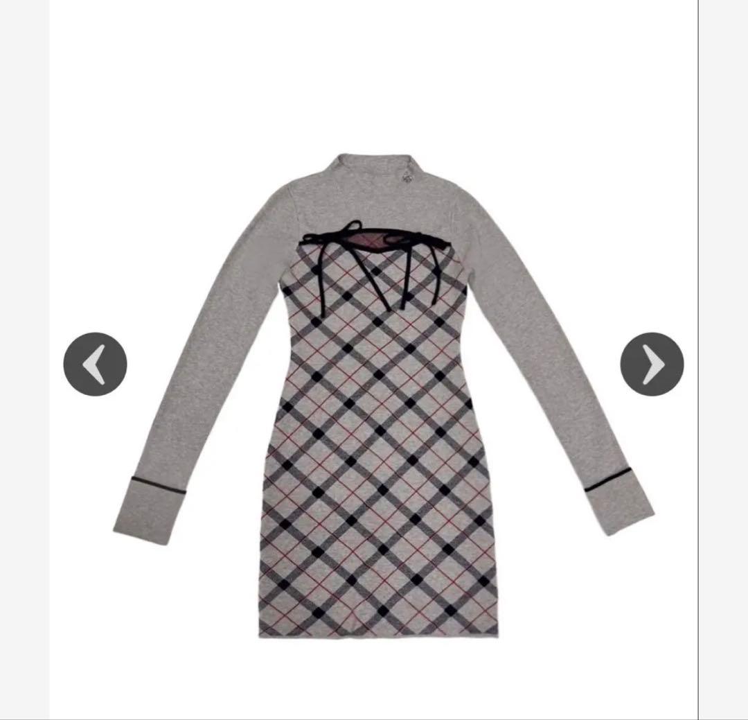 michellMacaron デコルテオープンチェックニットワンピ
