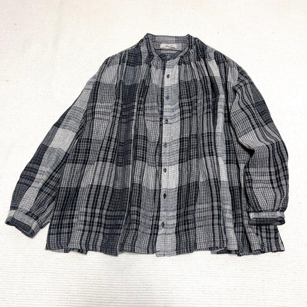 イチアンティークス　リネンギャザーブラウス　ワイド　バンドカラー　洗える　日本製