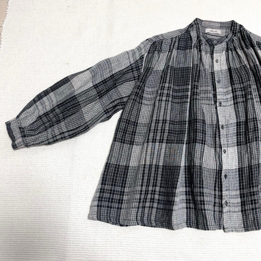 イチアンティークス　リネンギャザーブラウス　ワイド　バンドカラー　洗える　日本製