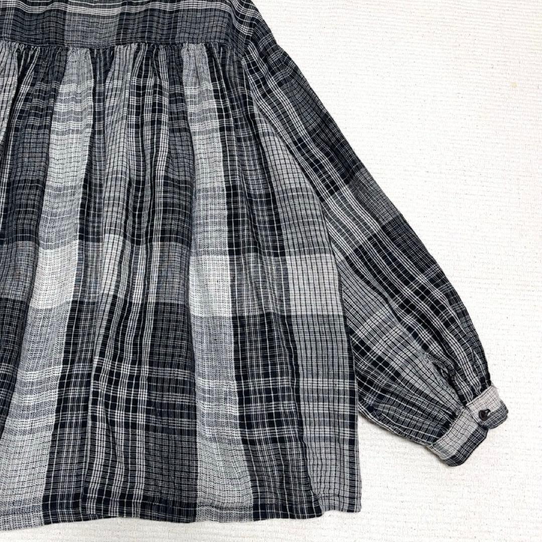 イチアンティークス　リネンギャザーブラウス　ワイド　バンドカラー　洗える　日本製