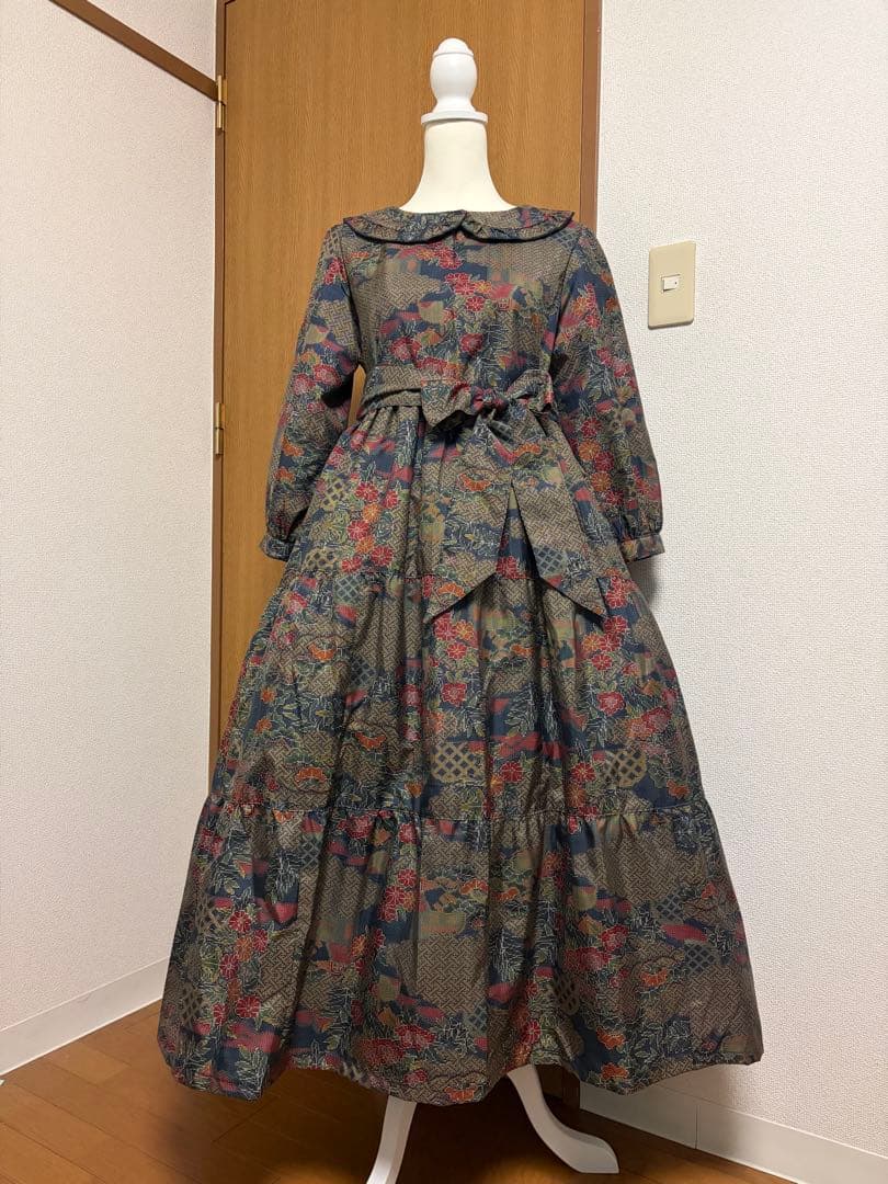 M*i様 着物リメイク♪ 大島紬　3段ティアード　ワンピース　MーL 総裏地付き