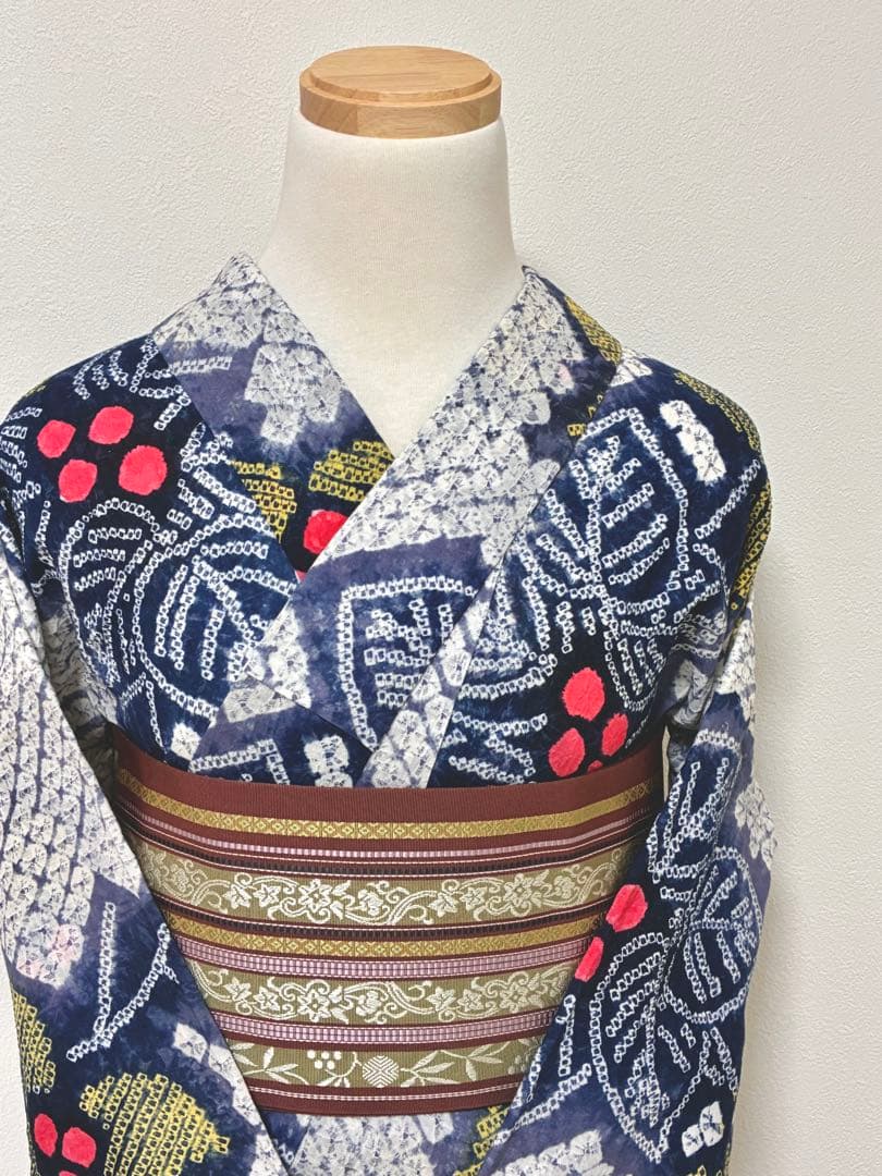 8の日セール　浴衣　有松鳴海絞り　赤い実の植物　裄67cm