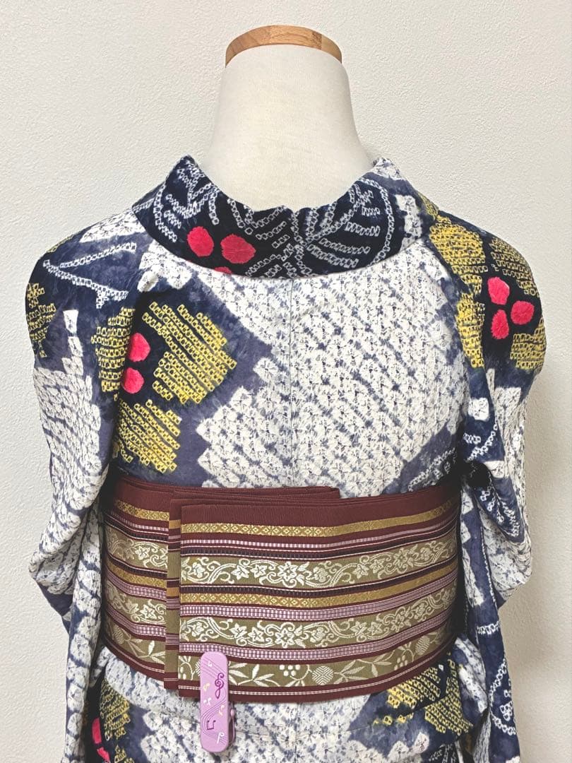 8の日セール　浴衣　有松鳴海絞り　赤い実の植物　裄67cm