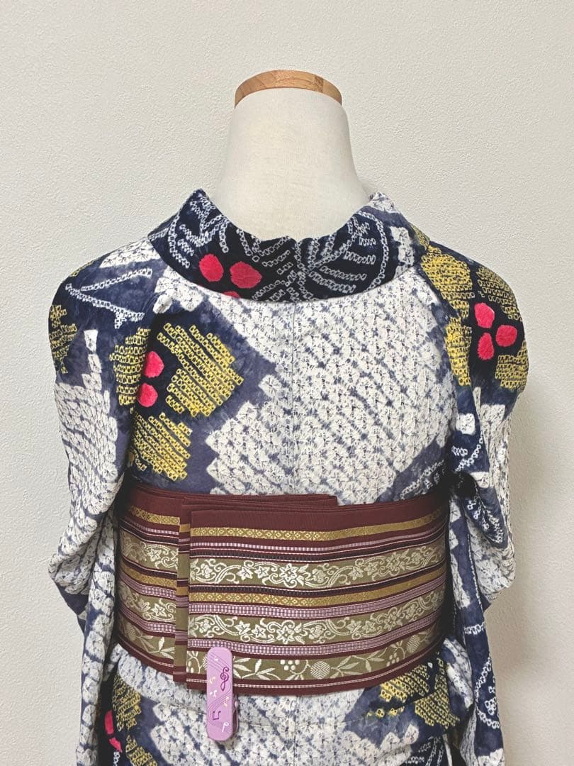 8の日セール　浴衣　有松鳴海絞り　赤い実の植物　裄67cm