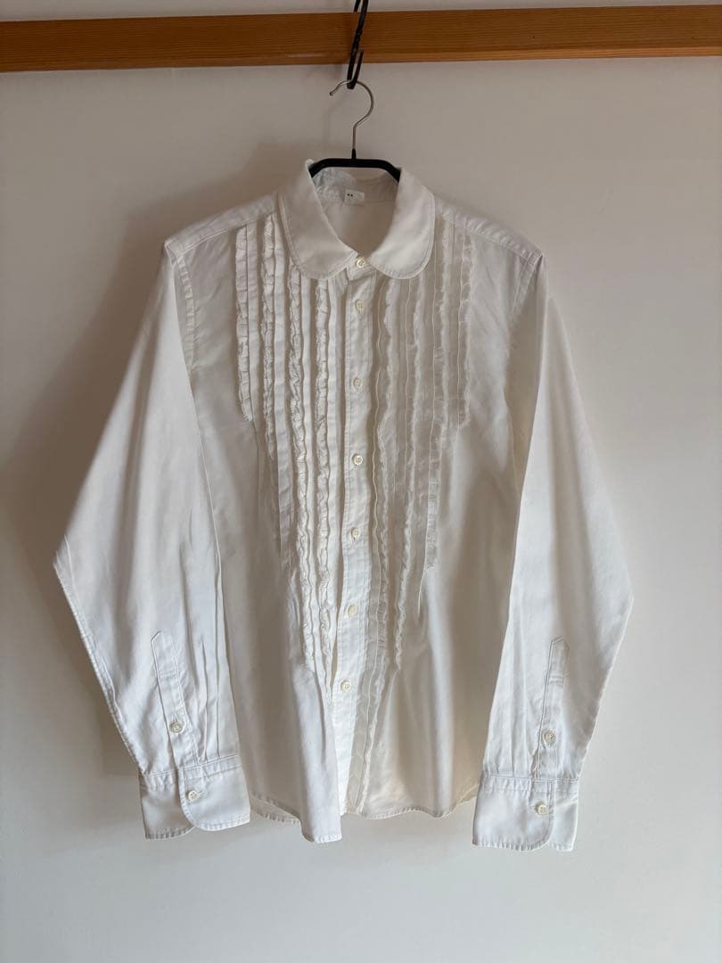 【美品】45R 薄オックスのプティローファーシャツ 丸襟 フリル 白 2