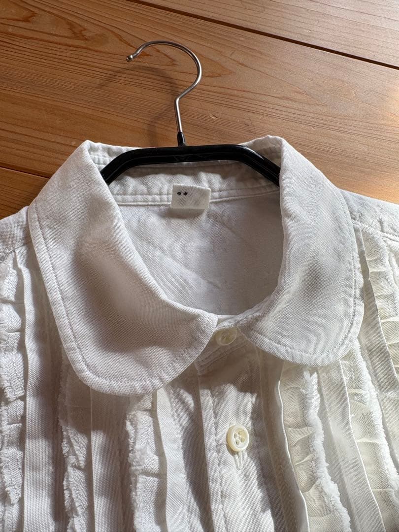 【美品】45R 薄オックスのプティローファーシャツ 丸襟 フリル 白 2