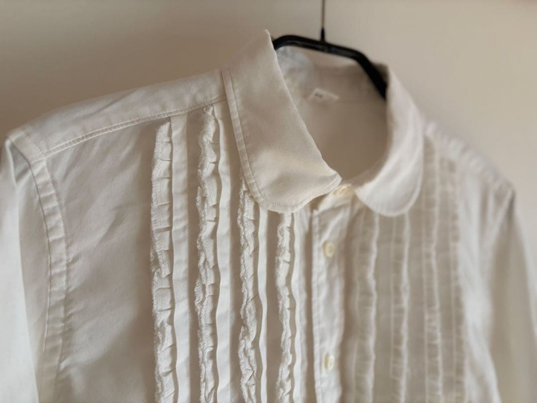 【美品】45R 薄オックスのプティローファーシャツ 丸襟 フリル 白 2
