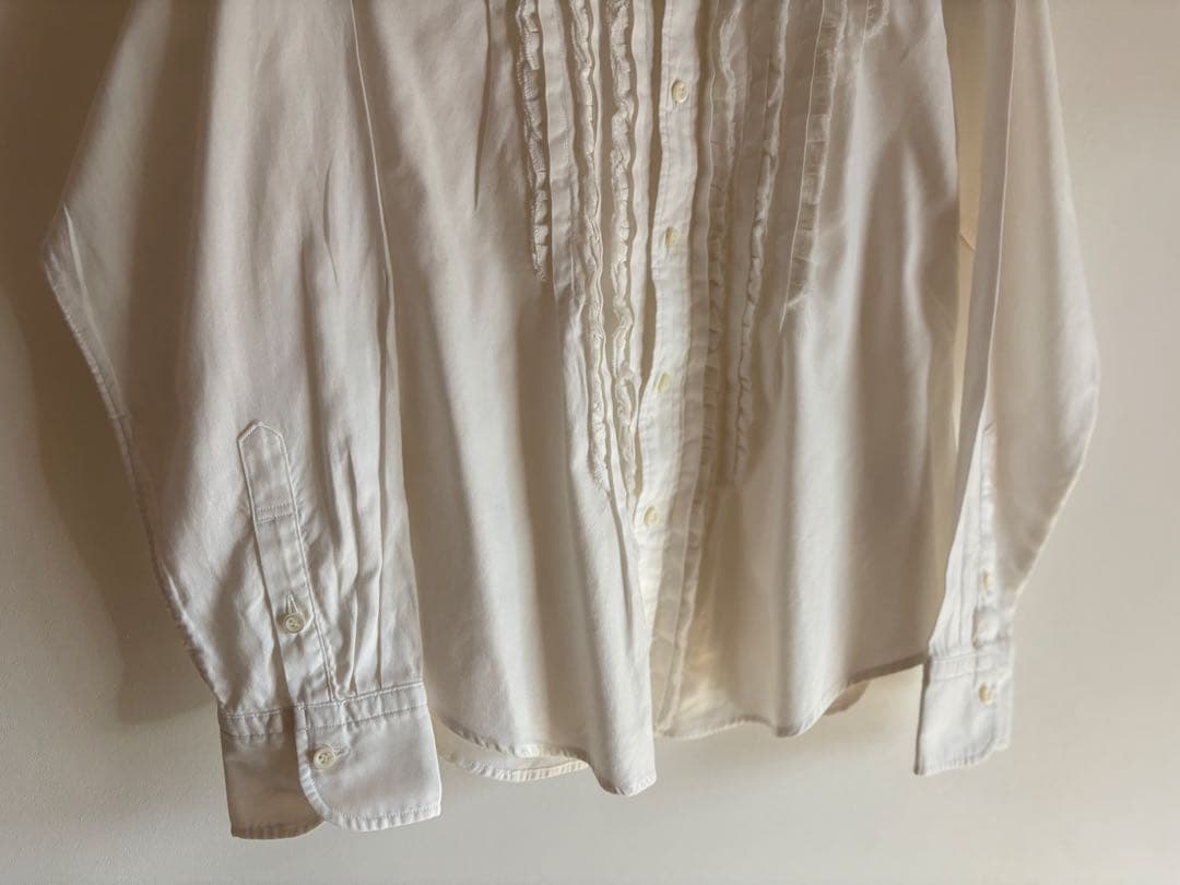 【美品】45R 薄オックスのプティローファーシャツ 丸襟 フリル 白 2
