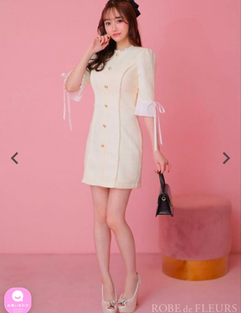 ローブドフルール高級袖ありフリルリボンフロントボタンツイードラメタイトミニドレス
