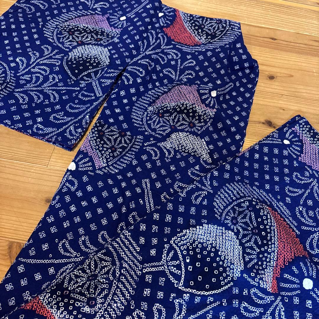 有松鳴海絞り浴衣 美品 手縫い 団扇 藍染