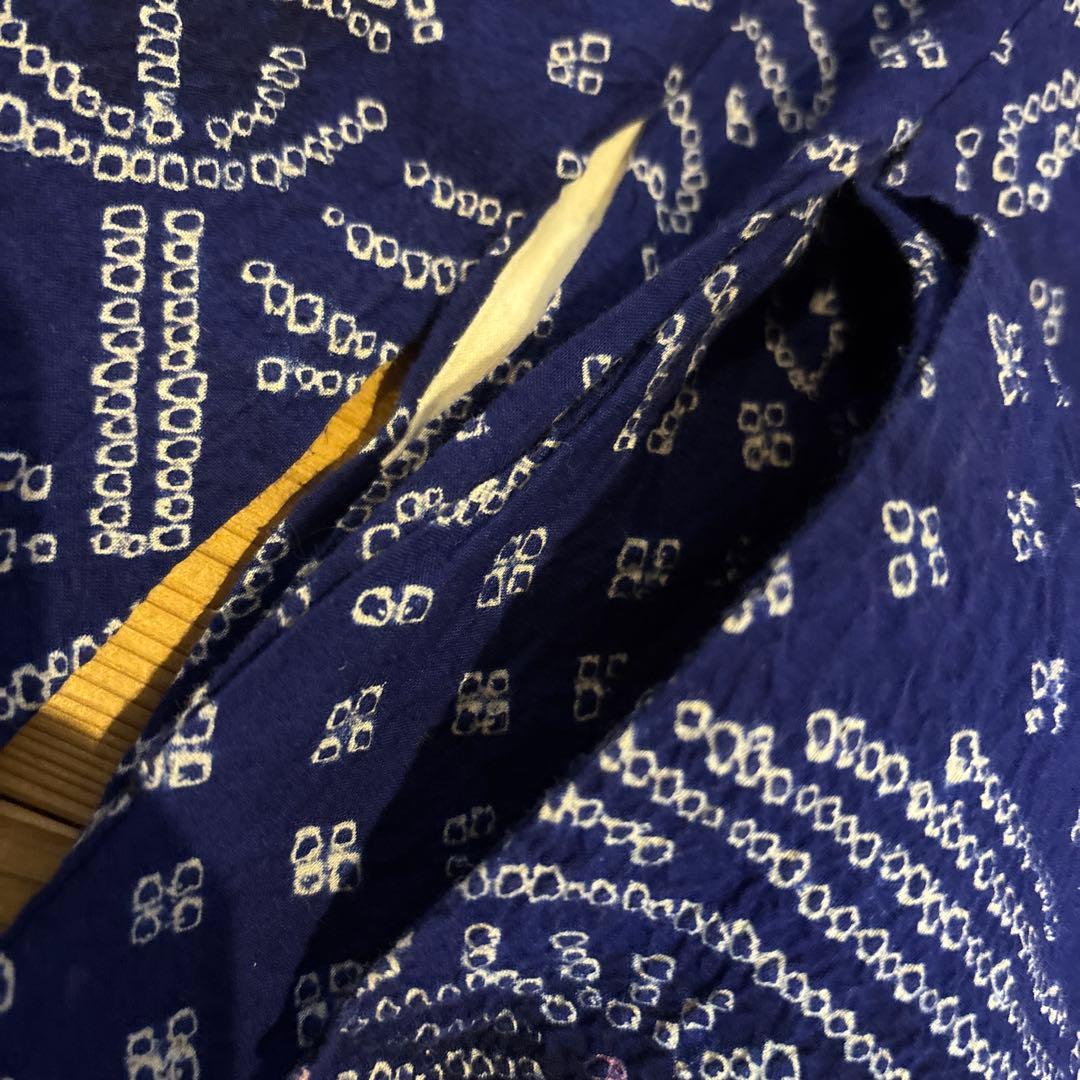 有松鳴海絞り浴衣 美品 手縫い 団扇 藍染