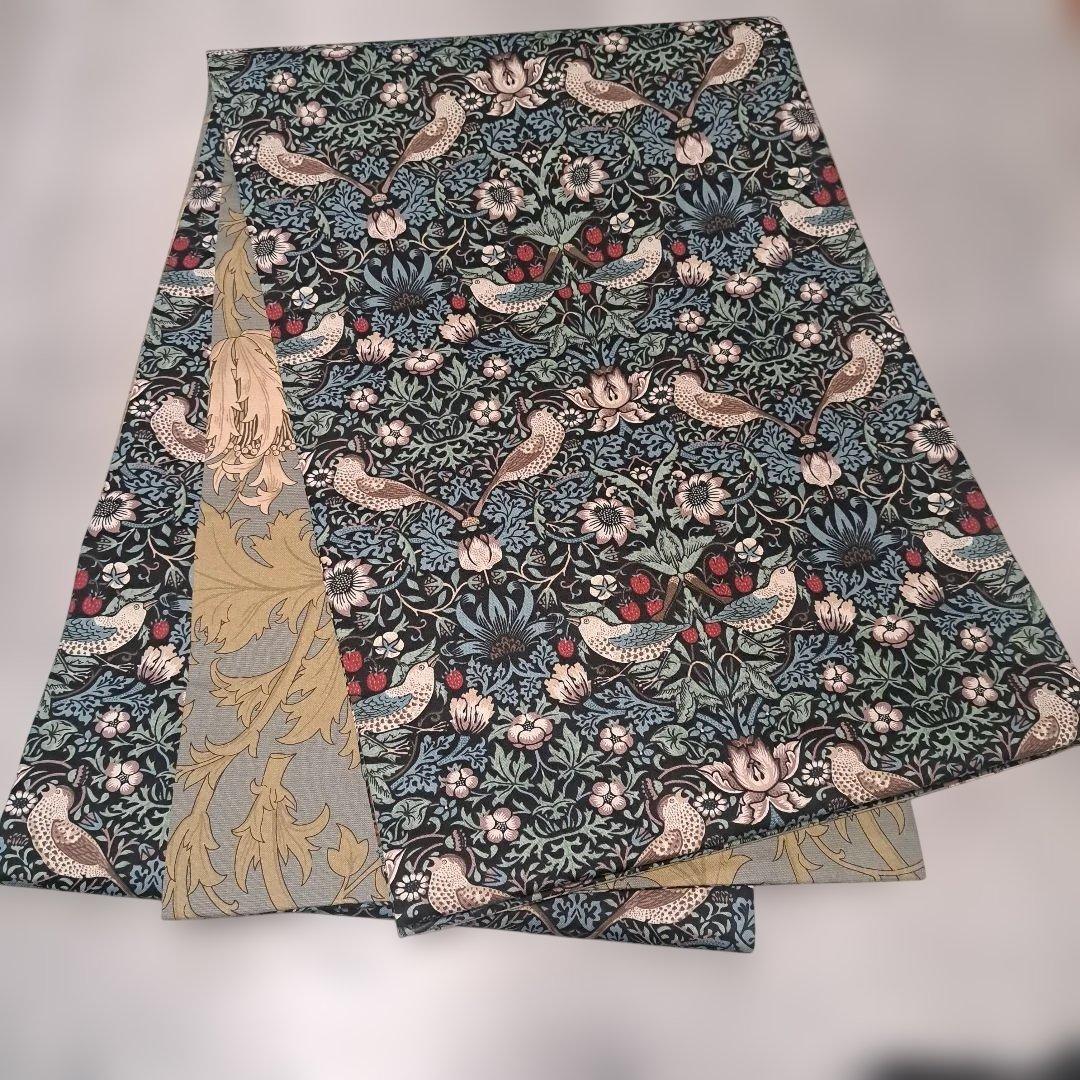 開き名古屋帯　ウィリアムモリス　いちご泥棒　エメラルド×アネモネ　　リバーシブル