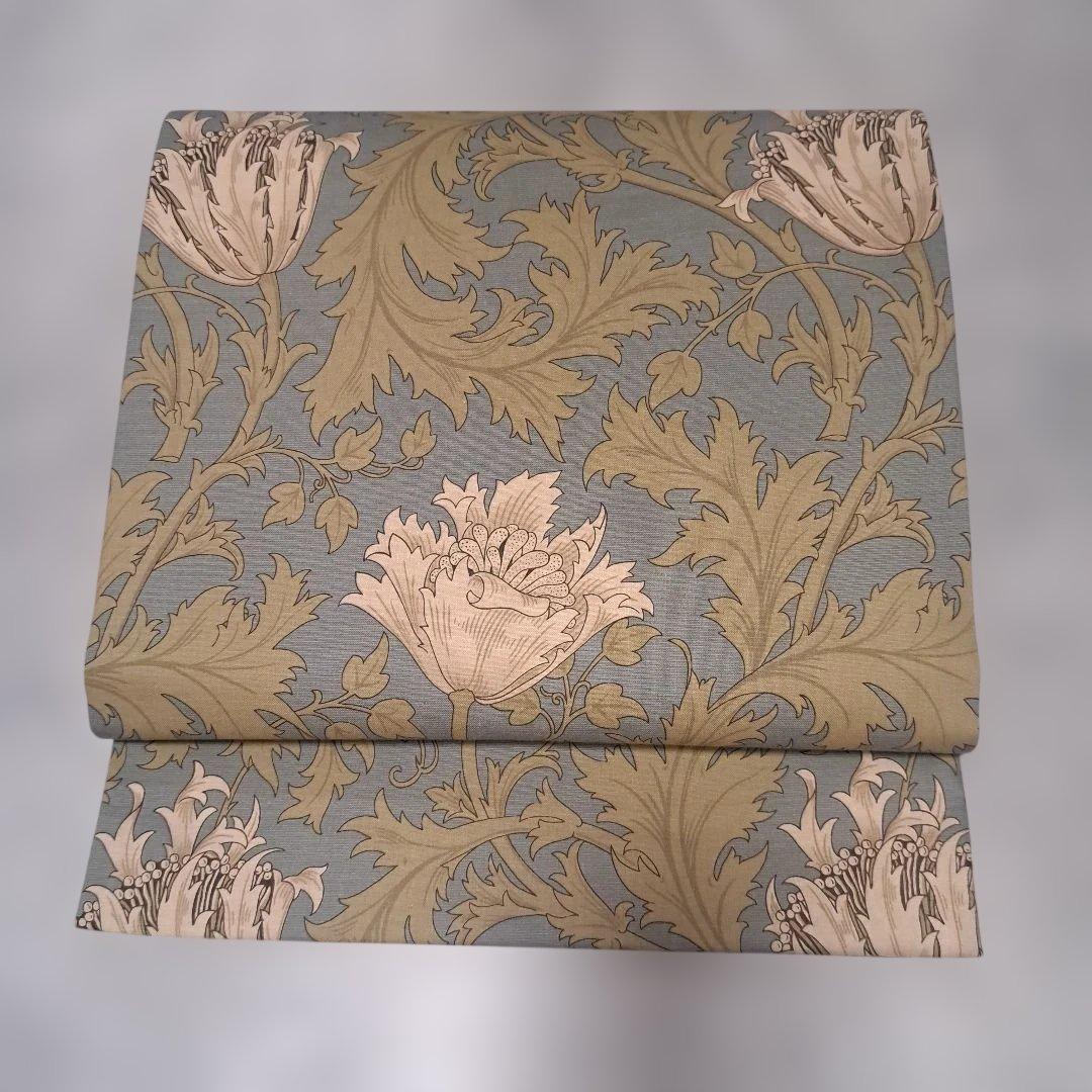 開き名古屋帯　ウィリアムモリス　いちご泥棒　エメラルド×アネモネ　　リバーシブル