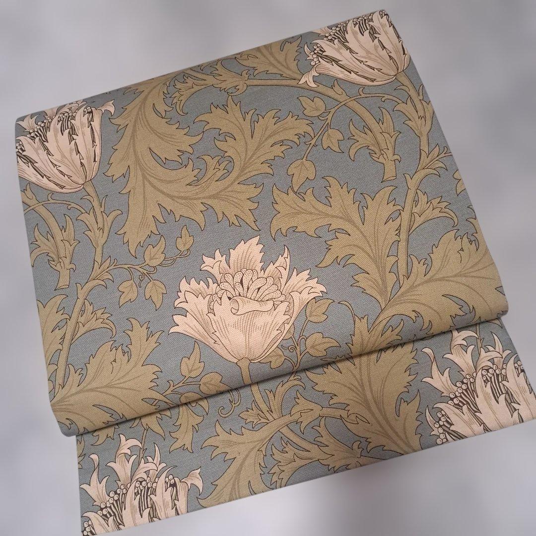 開き名古屋帯　ウィリアムモリス　いちご泥棒　エメラルド×アネモネ　　リバーシブル