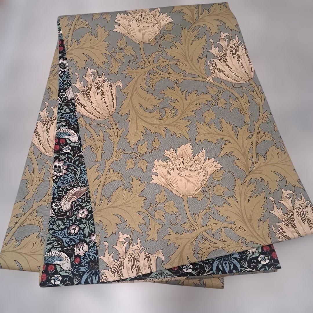 開き名古屋帯　ウィリアムモリス　いちご泥棒　エメラルド×アネモネ　　リバーシブル