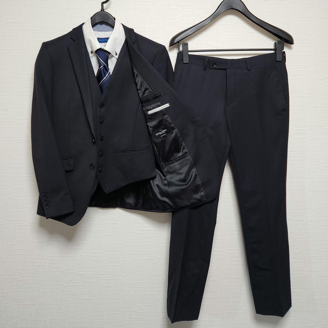 テットオム　メンズ　スーツ　スリーピース　紺　シャドーチェック　ストレッチ　細身