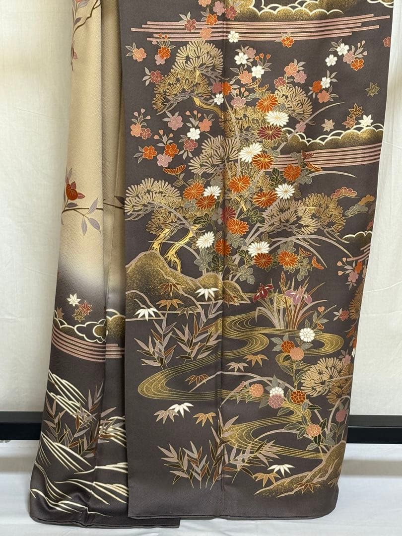 訪問着、幅広サイズ、重ね襟付き、金彩、吉兆柄、正絹.No512A