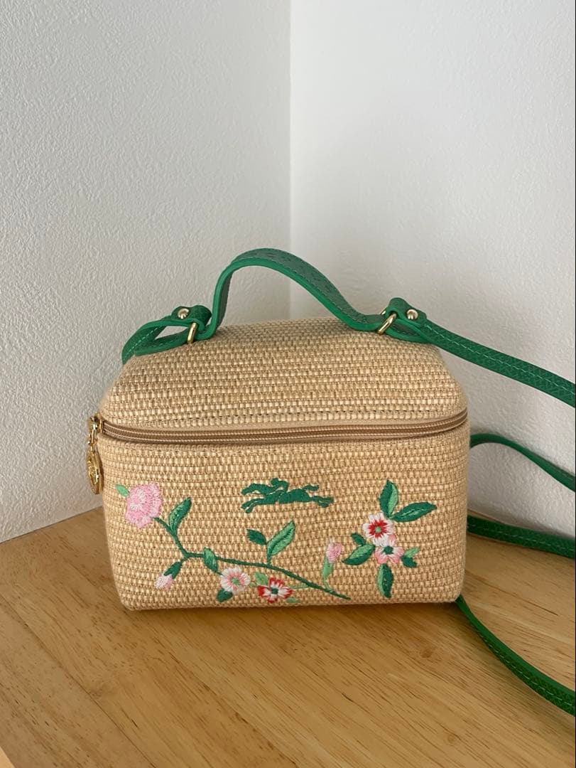 Longchamp 花柄刺繍 ベージュ かごバッグ